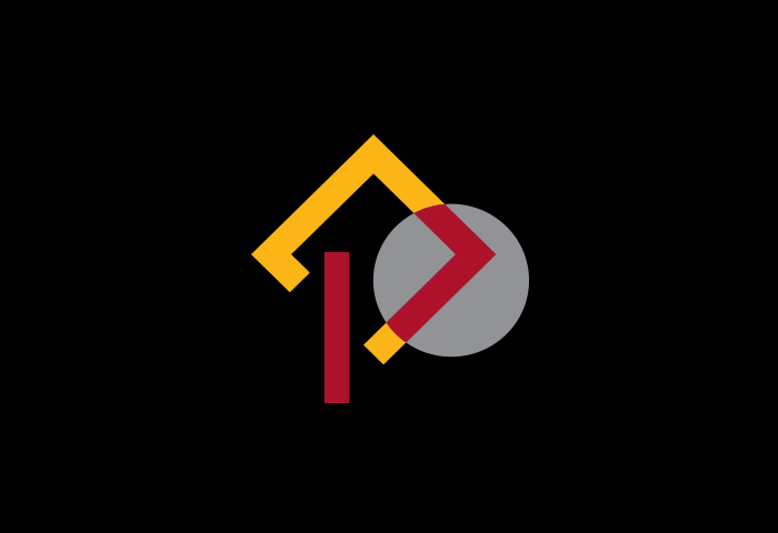 Red, grey, and yellow shapes in front of a black background.