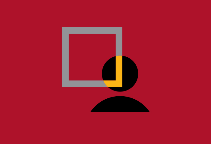 Abstract grey and yellow shapes on a red background.